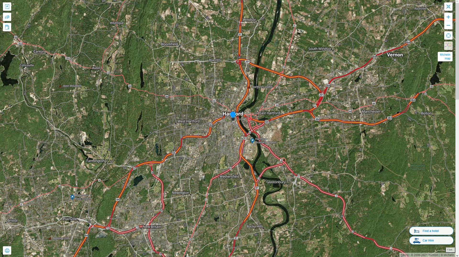 Hartford Connecticut Highway and Road Map with Satellite View